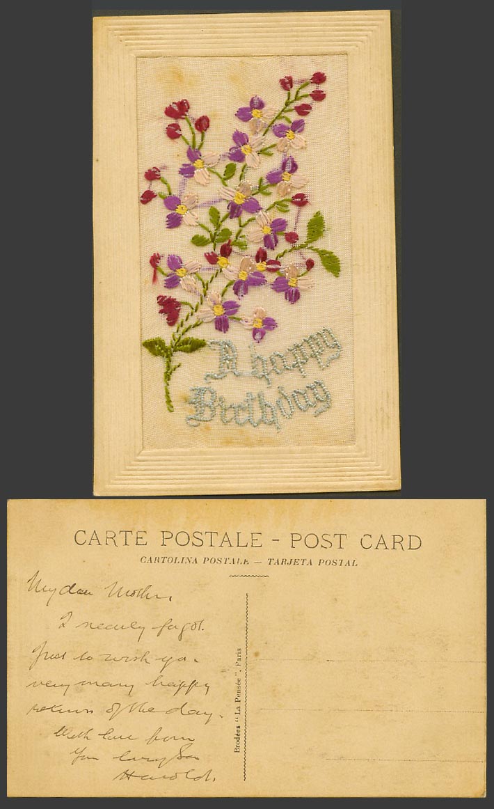 WW1 SILK Embroidered French Old Postcard A Happy Birthday Flower Flowers Novelty