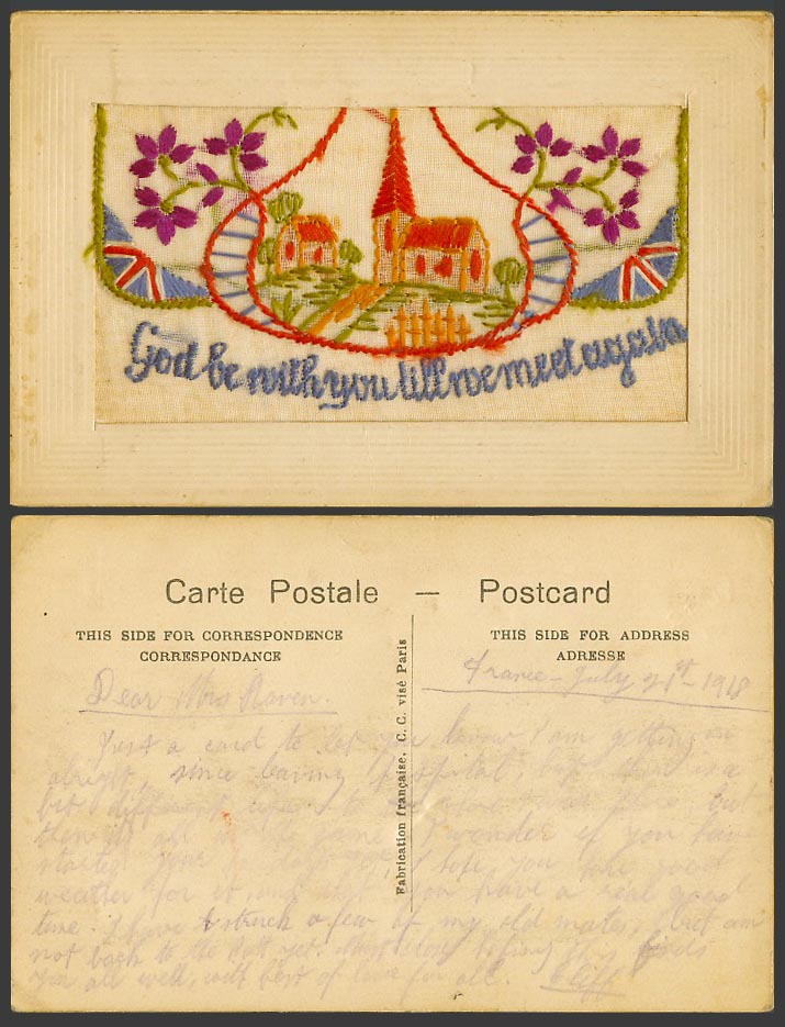WW1 SILK Embroidered 1918 Old Postcard God Be With You Till We Meet Again Wallet