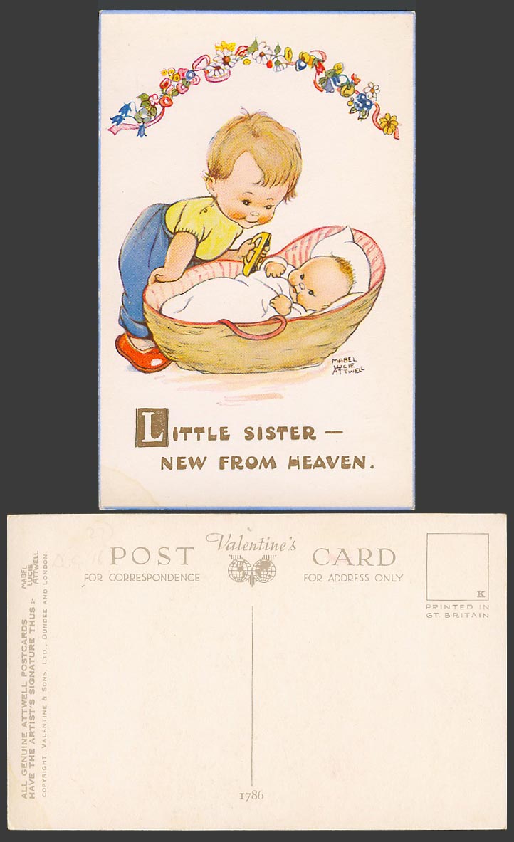 MABEL LUCIE ATTWELL Old Postcard Little Sister New from Heaven Baby Crib 1786