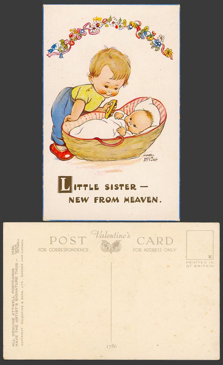 MABEL LUCIE ATTWELL Old Postcard Little Sister - New from Heaven, Baby Girl 1786
