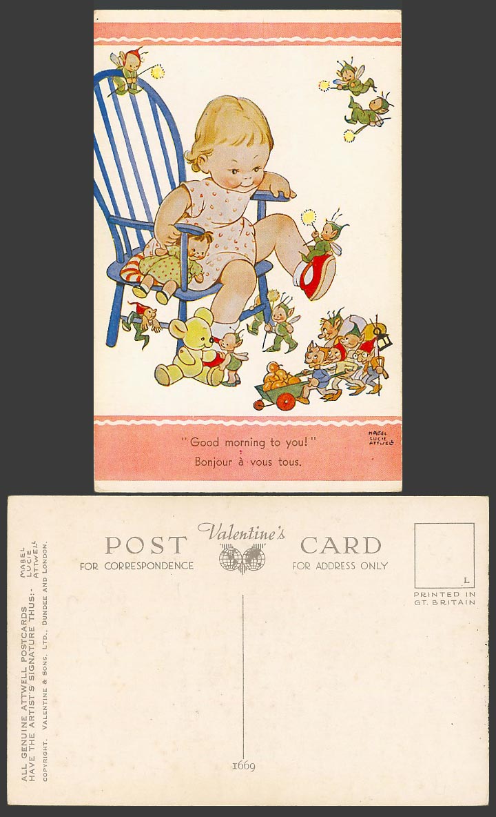 MABEL LUCIE ATTWELL Old Postcard Teddy Bear Girl Fairies Elves Good Morning 1669