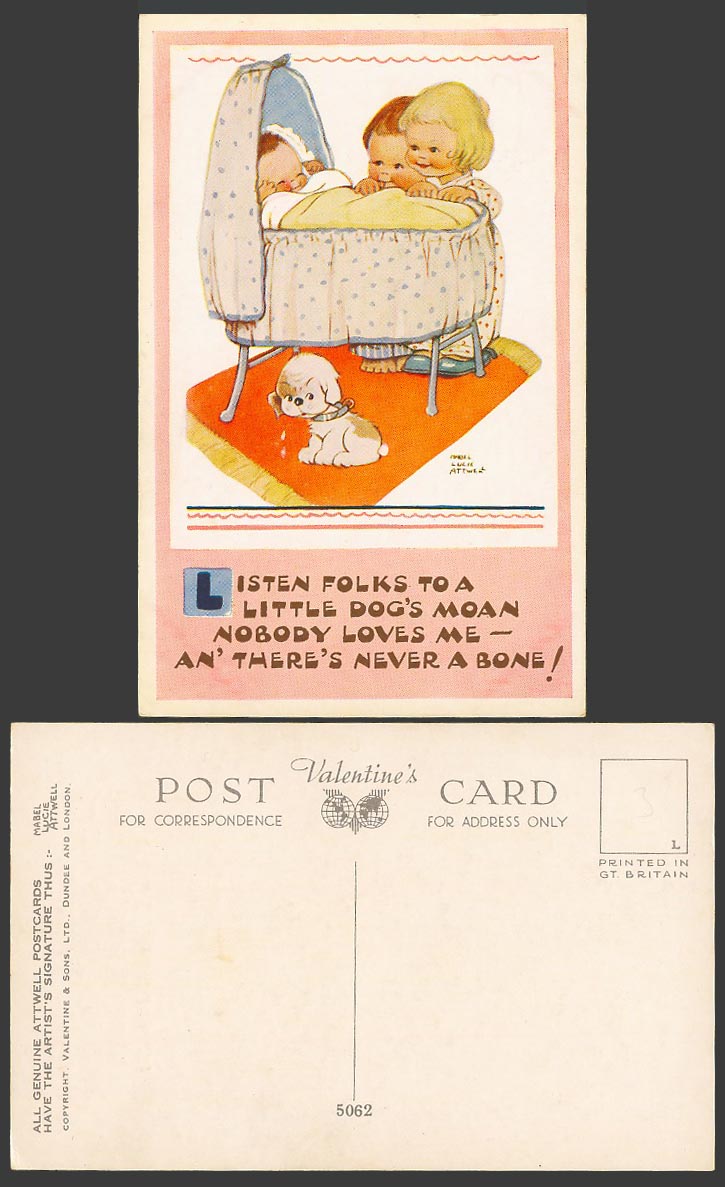 MABEL LUCIE ATTWELL Old Postcard Little Dog's Moan, Nobody Loves Never Bone 5062