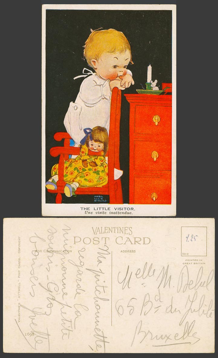 MABEL LUCIE ATTWELL Old Postcard The Little Visitor, Mouse Rat, Candle Doll 1698