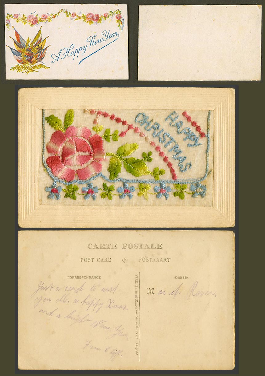 WW1 SILK Embroidered Old Postcard Flowers A Happy New Year and Christmas, Wallet