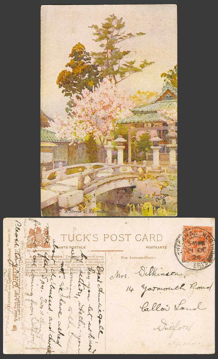 Japan Ella Du Cane 1924 Old Tuck's Postcard A Shrine at Kyomidzu Bridge Blossoms