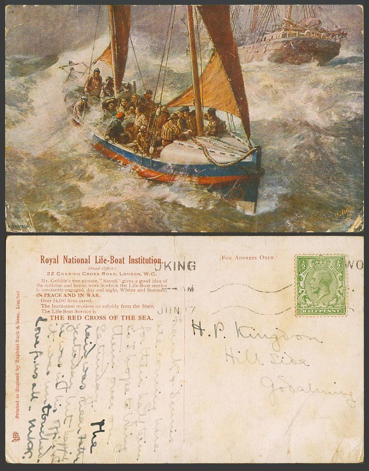 Royal National Life-Boat Institution Red Cross B Gribble Saved 1917 Old Postcard