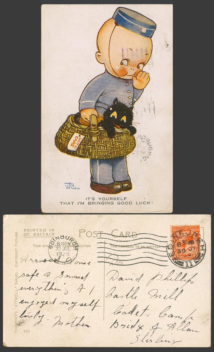 MABEL LUCIE ATTWELL 1925 Old Postcard Porter Black Cat Im Bringing Good Luck 593