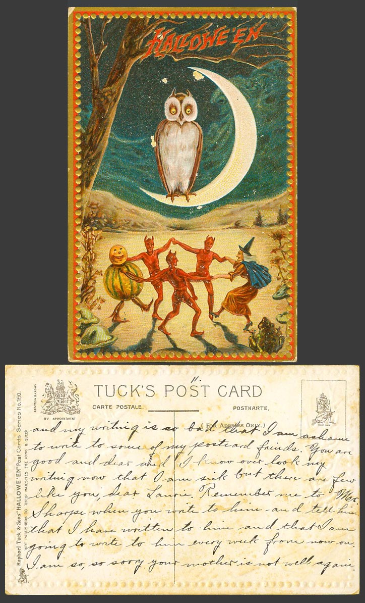 Halloween Old Tuck Postcard Owl Bird Moon Devils Witch Pumpkin Dancing Frog Toad