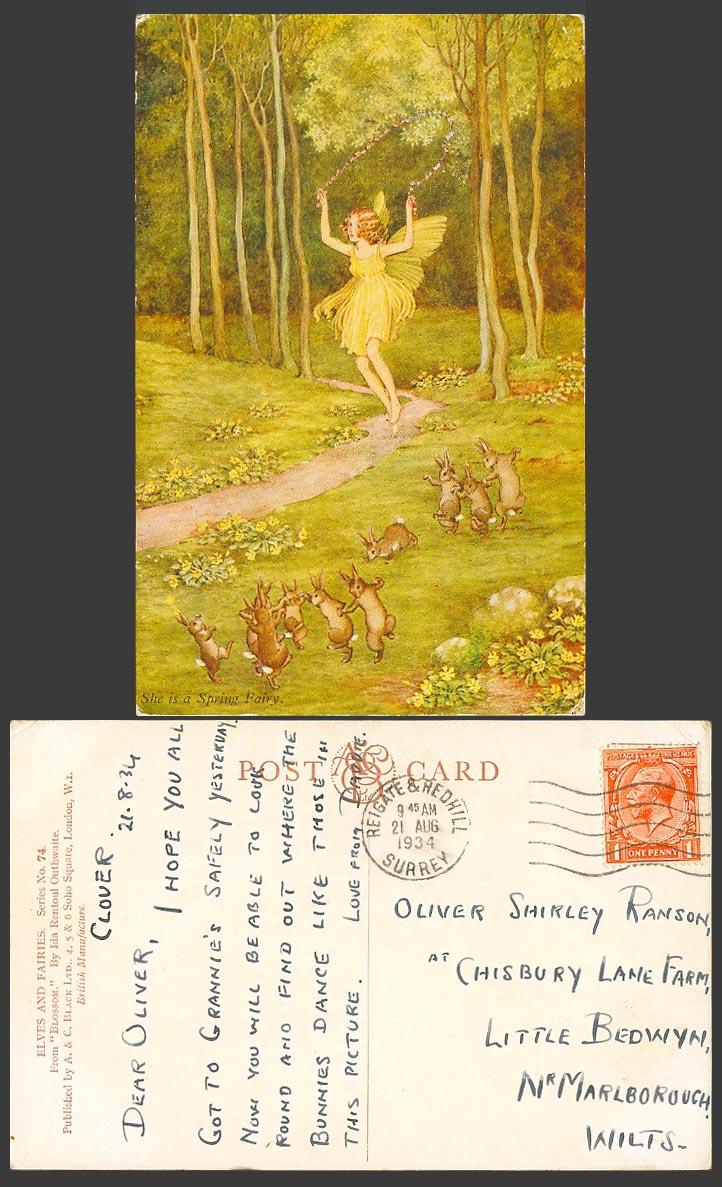 IR OUTHWAITE 1934 Old Postcard She is Spring Fairy Skipping Rope Rabbit Blossoms
