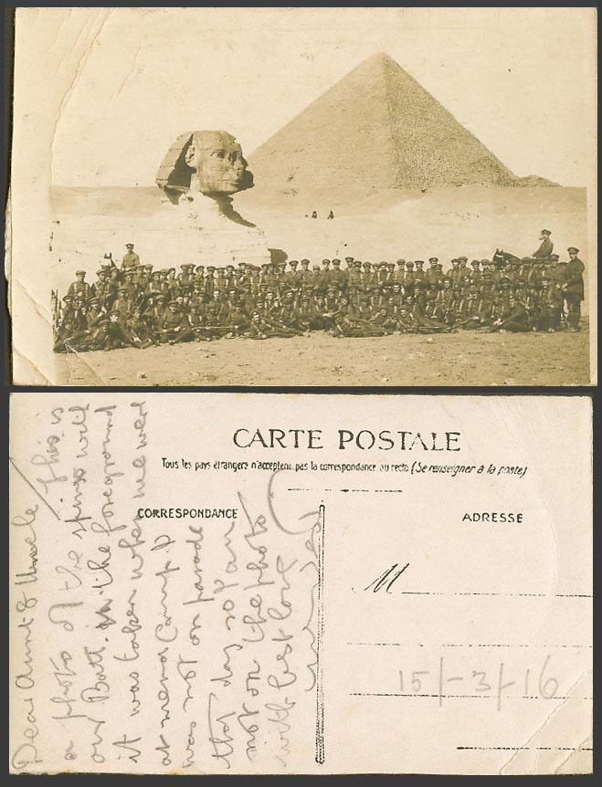 Egypt 1916 Old Real Photo Postcard Sphinx, Pyramid, Large Group of Soldiers, WW1