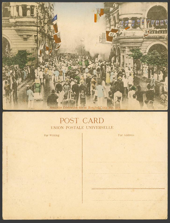 Hong Kong 13 NO 1918 Old Hand Tinted Postcard Armistice Celebration Street Scene