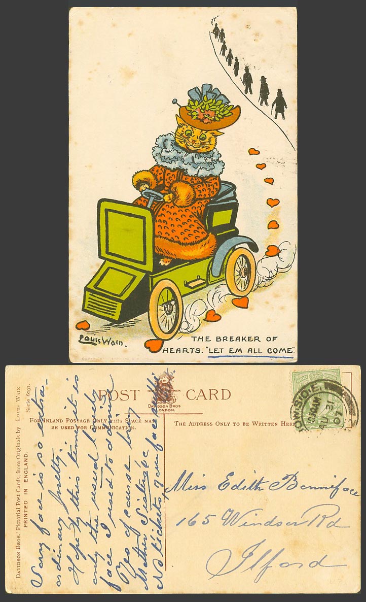 LOUIS WAIN Artist Signed Cat Driving a Car - Breaker of Hearts 1907 Old Postcard