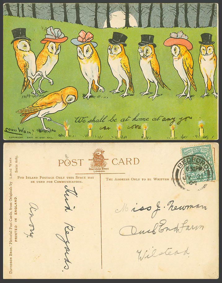 Louis Wain Artist 1904 Old Postcard Owls Birds We Shall be at Home at Write Away