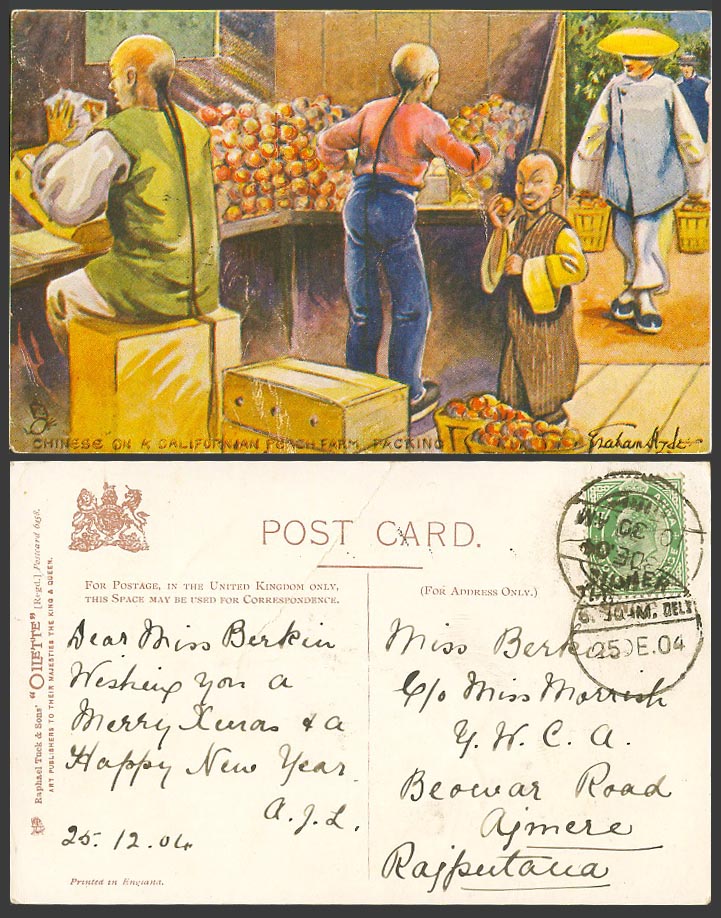 China Graham Hyde Chinese California Peach Farm Packing 1904 Old Tuck's Postcard