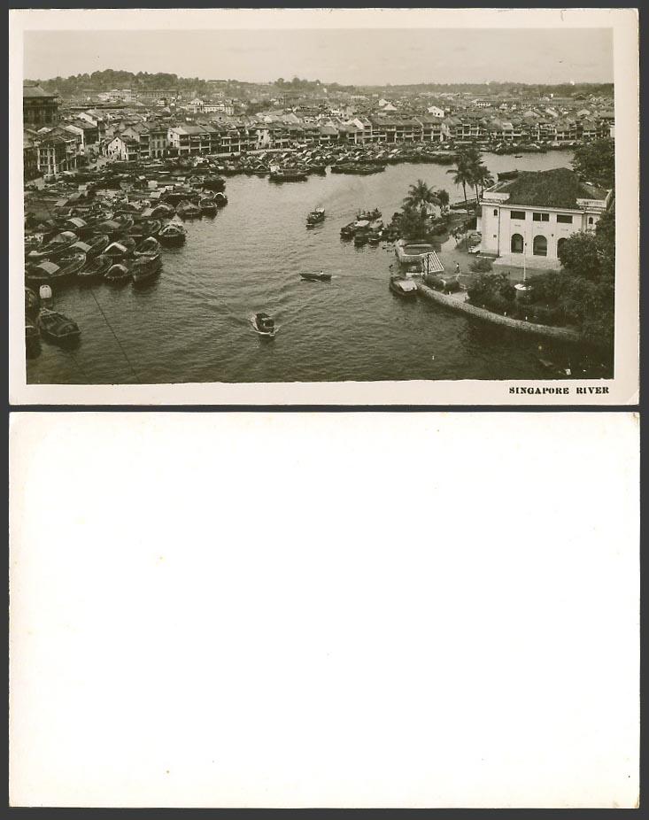 Singapore River Scene Sampans Boats Harbour Garden c1950 Old Real Photo Postcard