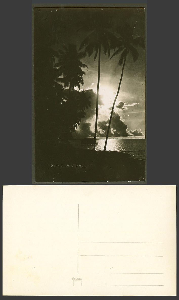 Singapore Old Real Photo Postcard Sunset Sun Set, Palm Trees Clouds Sea Panorama