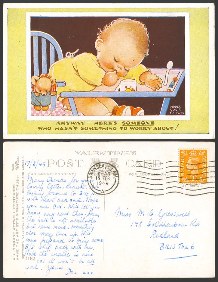 MABEL LUCIE ATTWELL 1949 Old Postcard Teddy Bear, Baby Sucking Thumb Asleep 1162