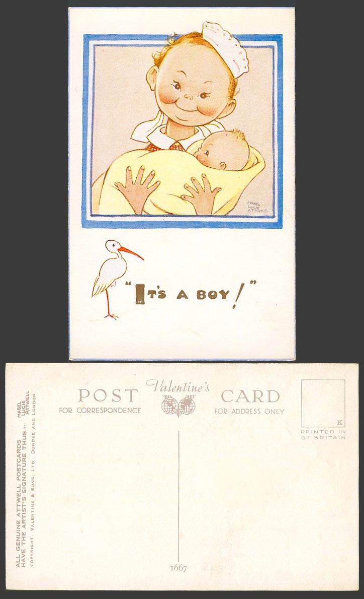 MABEL LUCIE ATTWELL Old Postcard It's a Boy! Stork Bird Midwife with a Baby 1667