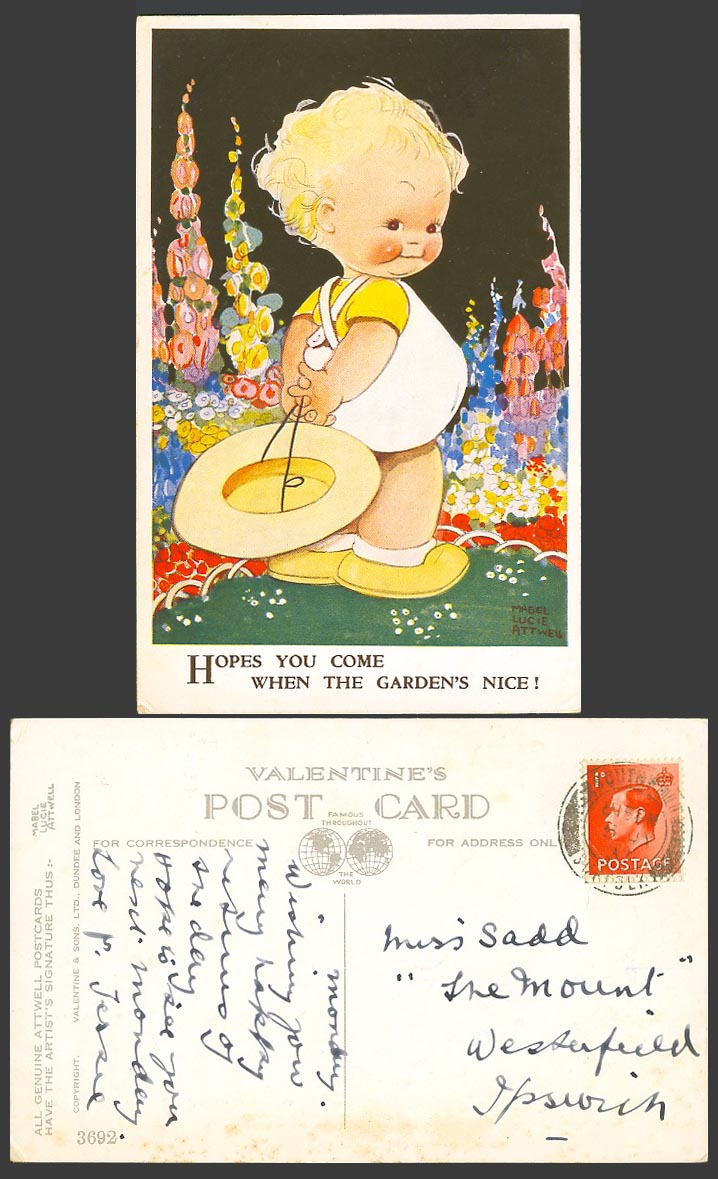 MABEL LUCIE ATTWELL 1937 Old Postcard Hopes You Come When The Garden's Nice 3692