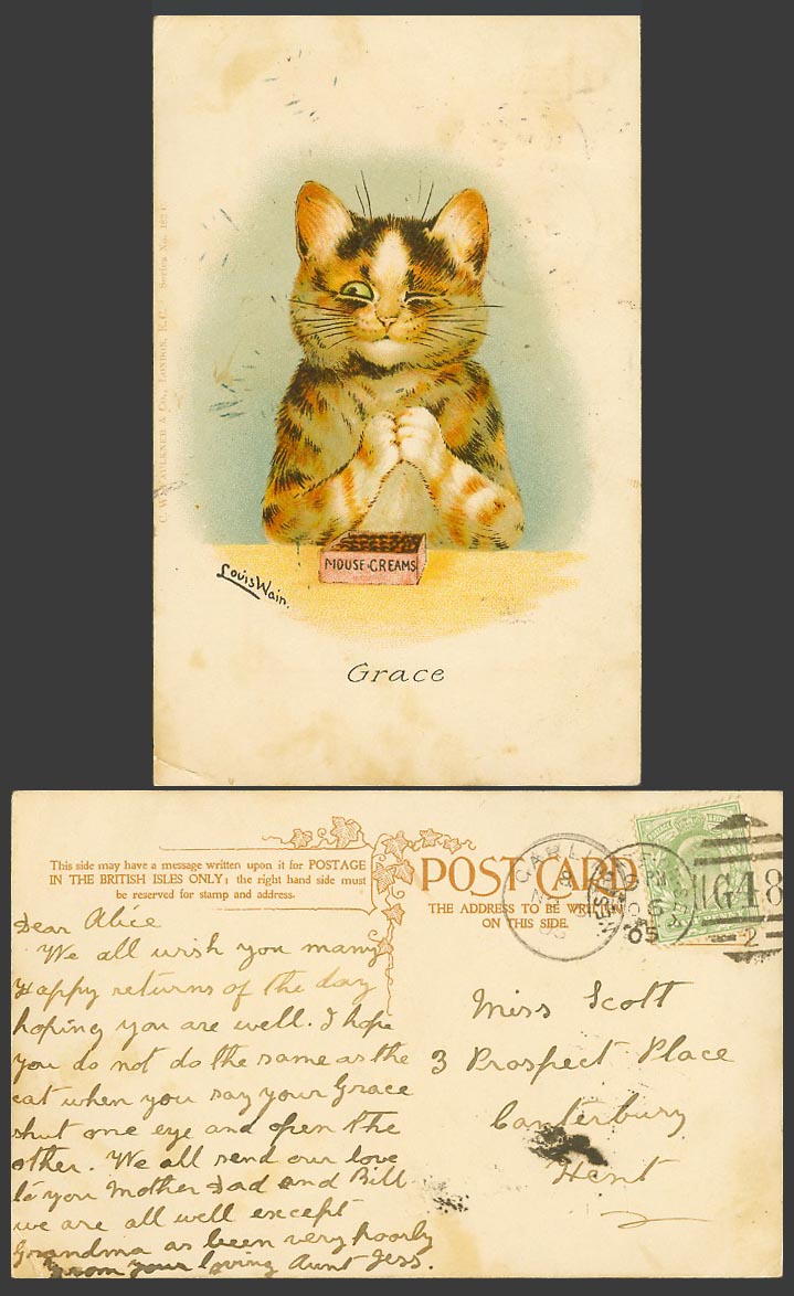 LOUIS WAIN Artist Signed Cat Kitten GRACE, Box of Mouse Creams 1905 Old Postcard
