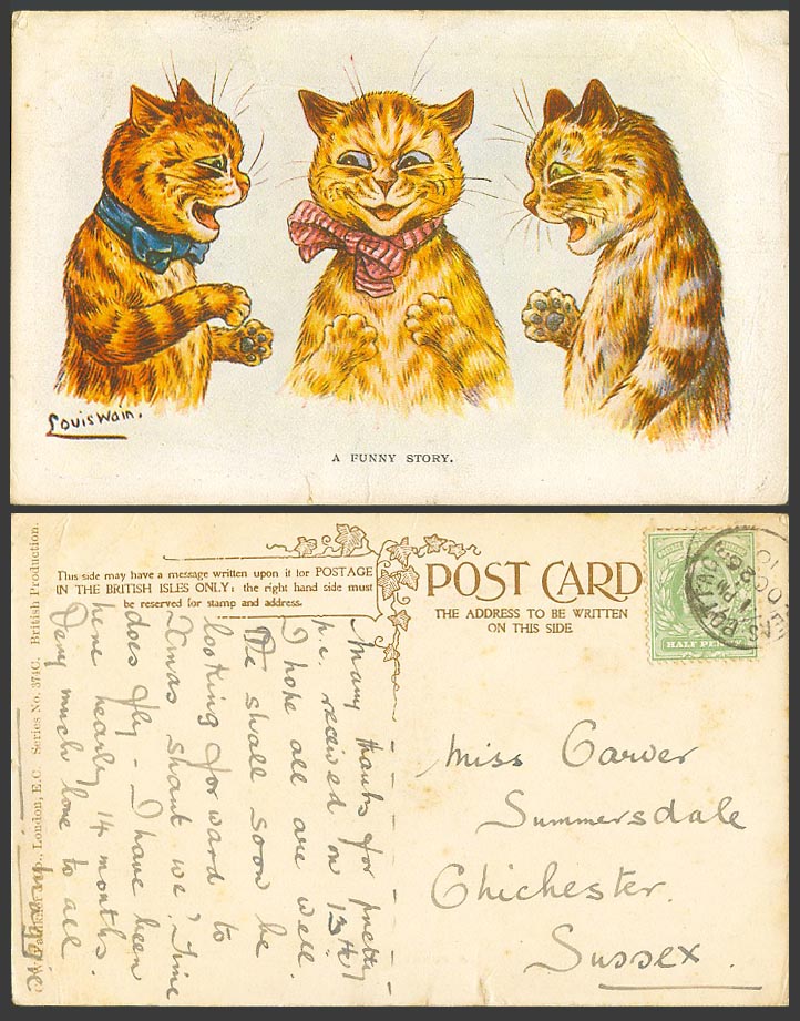 LOUIS WAIN Artist Signed Cats Kittens A Funny Story 1910 Old Postcard Cat Kitten