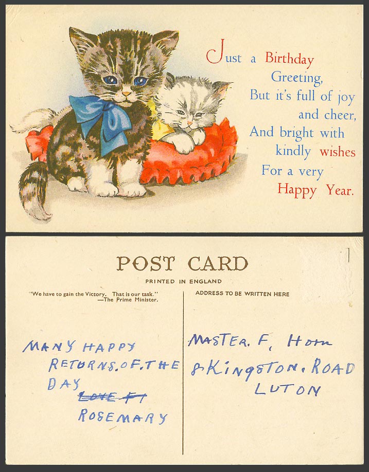 Cats Kittens Cat Kitten, Just a Birthday Greeting Full of Joy Cheer Old Postcard