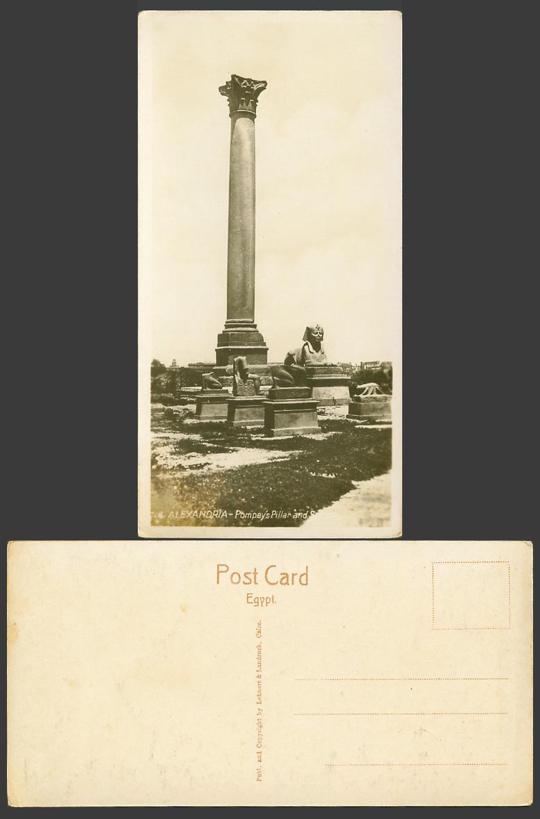Egypt Old Real Photo Postcard Alexandria Pompey's Pillar & Sphinx Bookmark Style