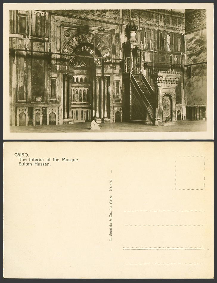Egypt Old Real Photo Postcard Cairo Interior of Sultan Hassan Mosque Arab Prayer