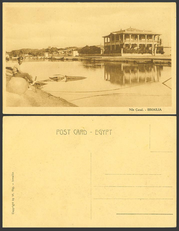 Egypt Old Postcard Ismailia Nile Canal River Scene, Soldier Man Sitting on Rock