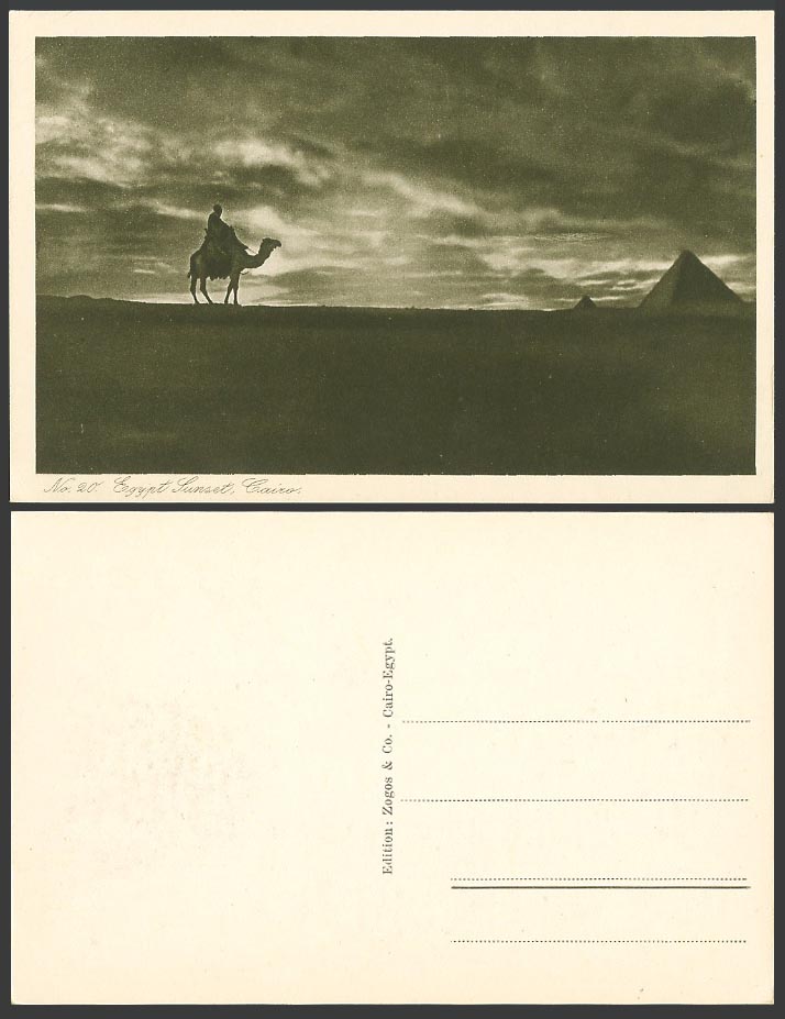 Egypt Old Postcard Le Caire Cairo Sunset Desert Camel Rider Giza Pyramids No. 20