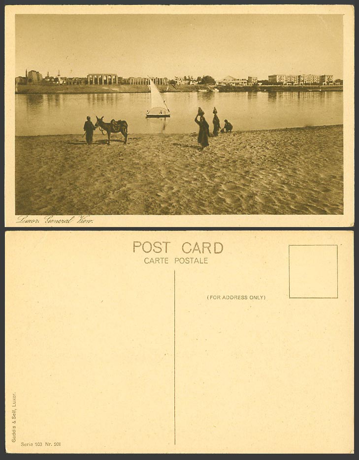 Egypt Old Postcard Luxor General View, Temple Ruins Boat Donkey Women Draw Water