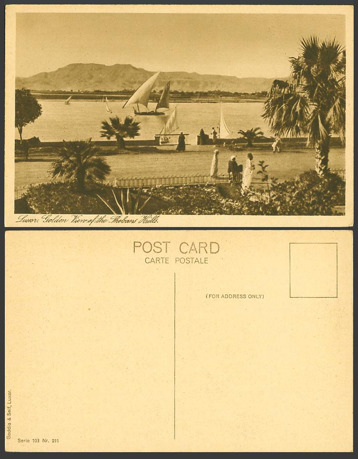 Egypt Old Postcard Luxor Golden View of Theban Hills, Sailing Boats Street Scene