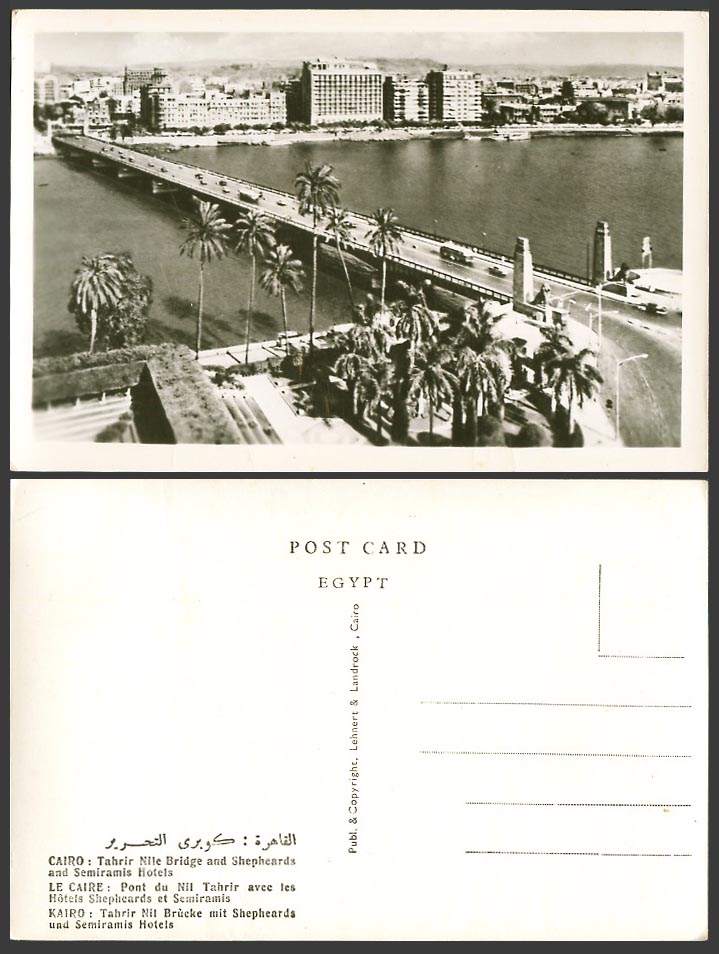 Egypt Old Photo Postcard Cairo, Tahrir Nile Bridge Shepheards & Semiramis Hotels