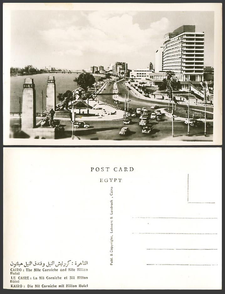 Egypt Old Real Photo Postcard Caire Cairo, The Nile Corniche & Nile Hilton Hotel