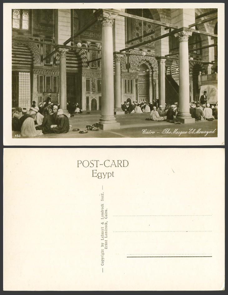Egypt Old Real Photo Postcard Cairo, Mosque El Mouayad Interior, Groups of Arabs