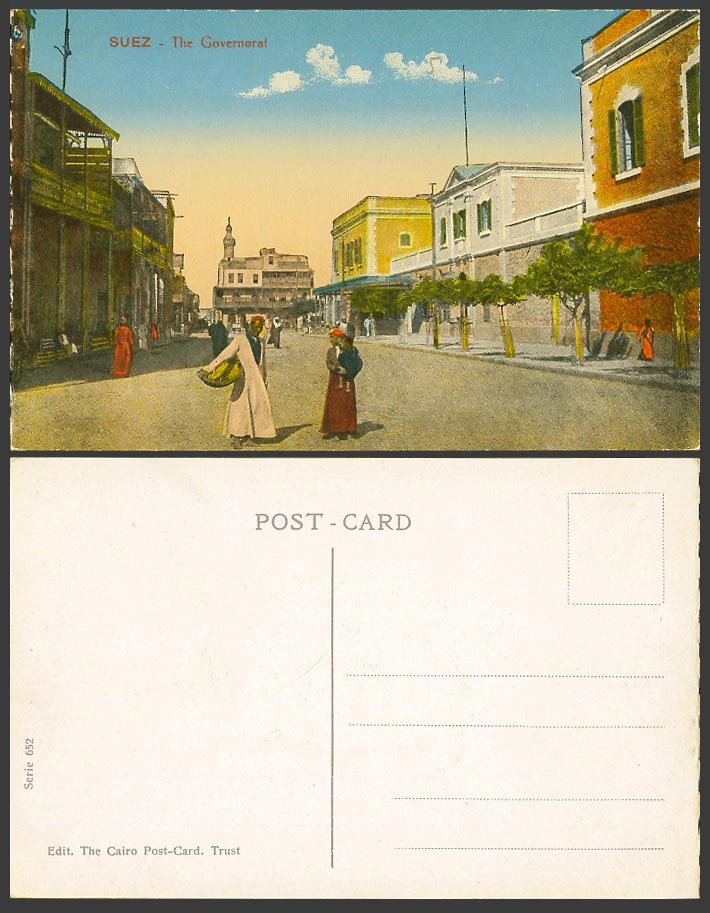 Egypt Old Colour Postcard Suez The Governorat, Street Scene Arab Men Baby Mosque