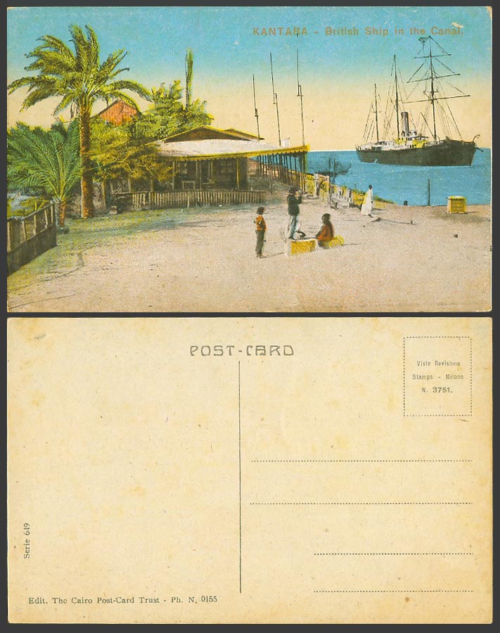 Egypt Old Postcard Kantara A British Steam Ship in Canal Suez Steamer Palm Trees