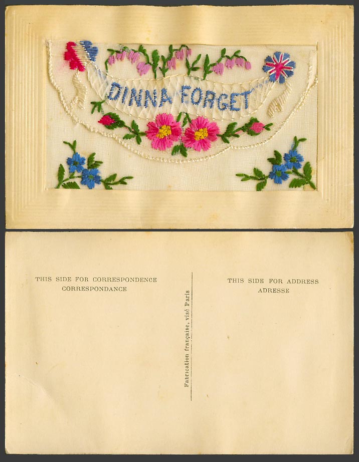 WW1 SILK Embroidered Frch Old Postcard Dinna Forget Flowers Empty Wallet Novelty