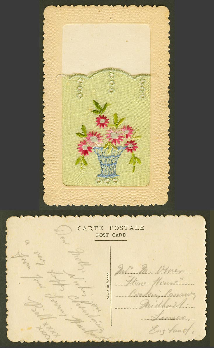 WW1 SILK Embroidered Old Postcard Flowers Flower Pot o Vase Empty Wallet Novelty
