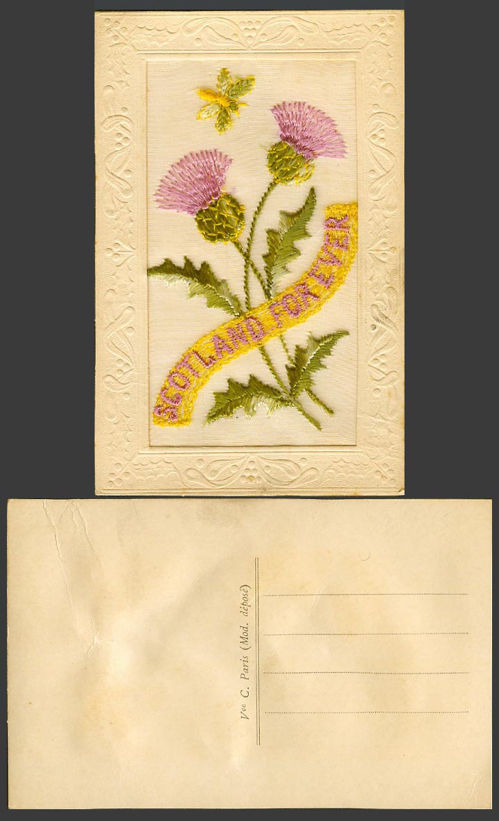 WW1 SILK Embroidered Old Postcard Scotland Forever Thistle Flowers and Butterfly