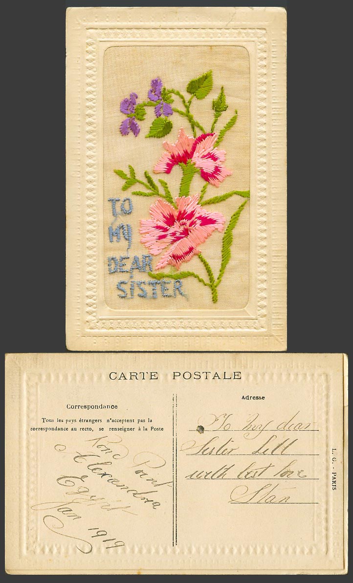 SILK Embroidered 1919 Old Postcard Flowers To My Dear Sister, Greetings, Novelty