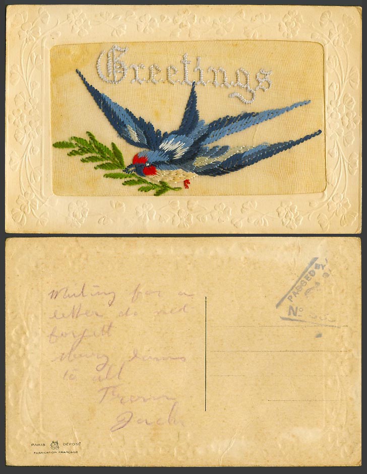 WW1 SILK Embroidered Censored Old Postcard Greetings Blue White Red Bird Novelty