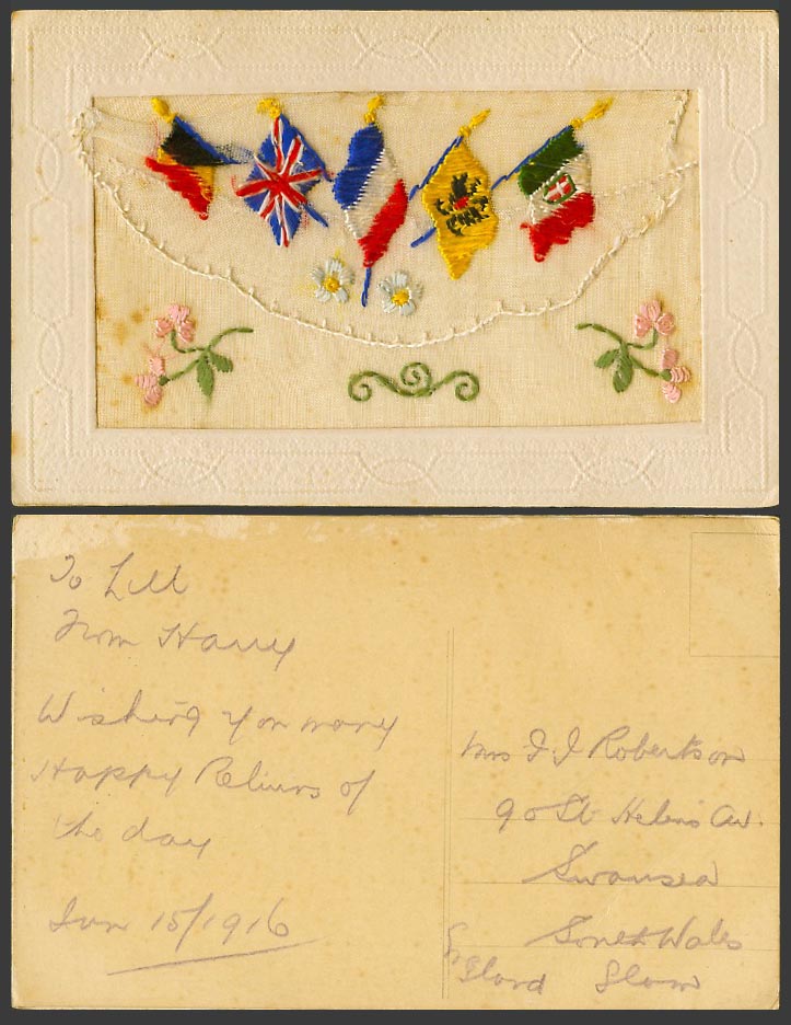 WW1 SILK Embroidered 1916 Old Postcard Flowers British French Flags Empty Wallet