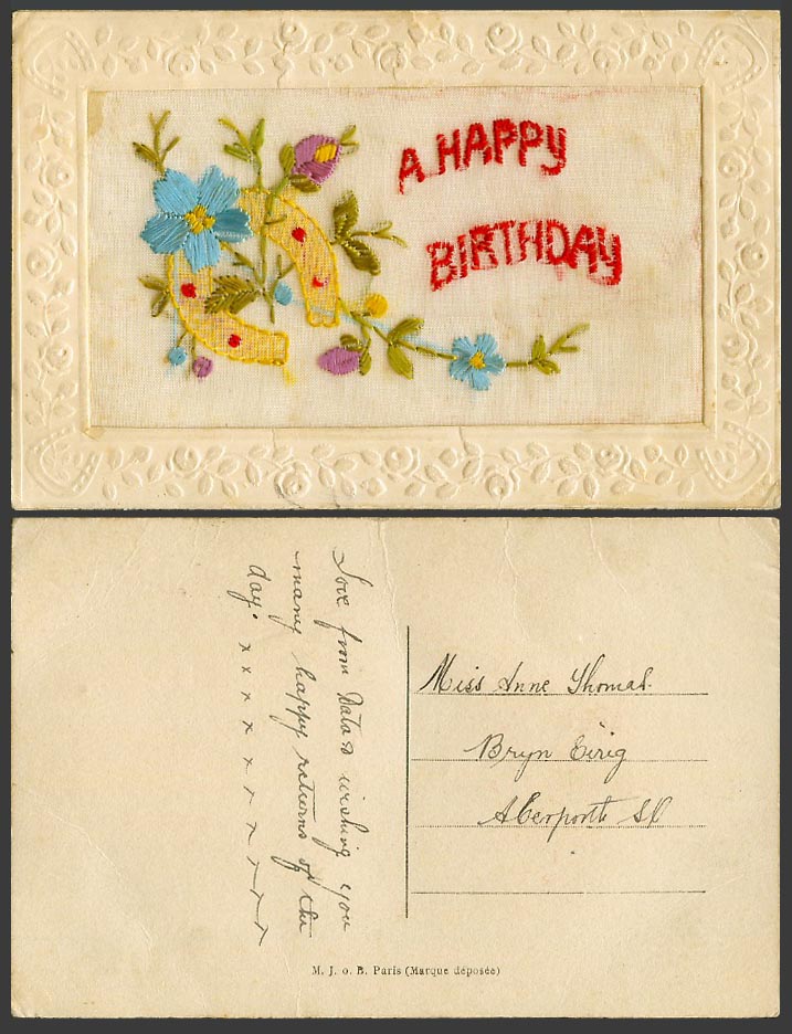 WW1 SILK Embroidered Old Postcard A Happy Birthday, Flowers Horseshoe Horse Shoe