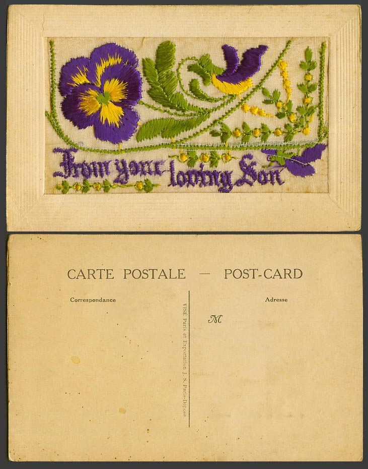 WW1 SILK Embroidered Old Postcard From Your Loving Son Flowers with Empty Wallet