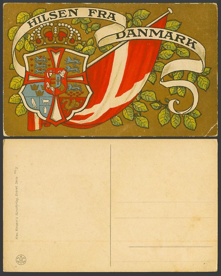 Denmark Old Postcard Hilsen Fra Danmark, Danish Flag Coat of Arms Greetings from
