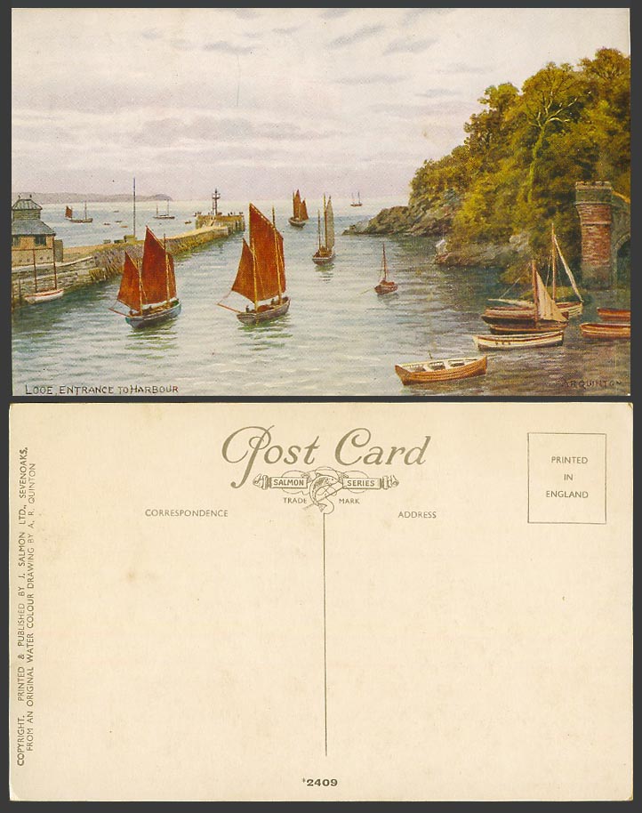 A.R. Quinton Old Postcard Looe Entrance, Sailing Boats Lighthouse, Cornwall 2409