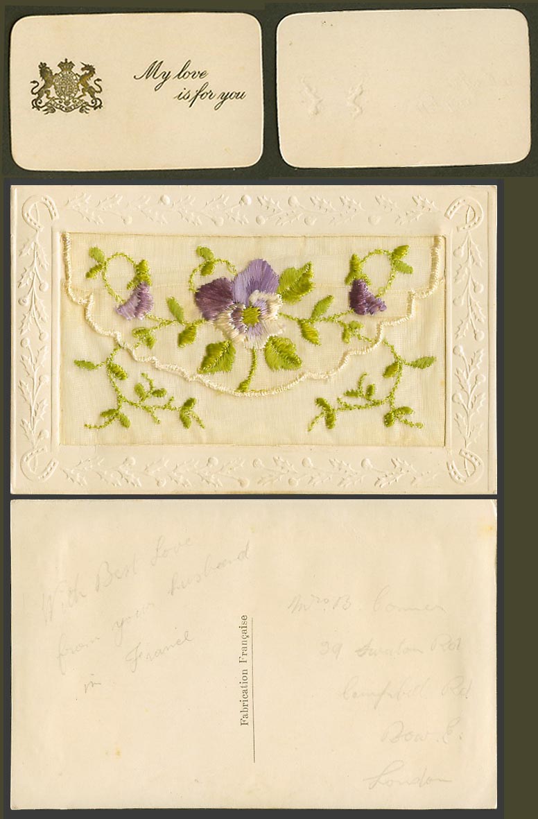 WW1 SILK Embroidered Old Postcard Flowers with My Love is For You Card in Wallet