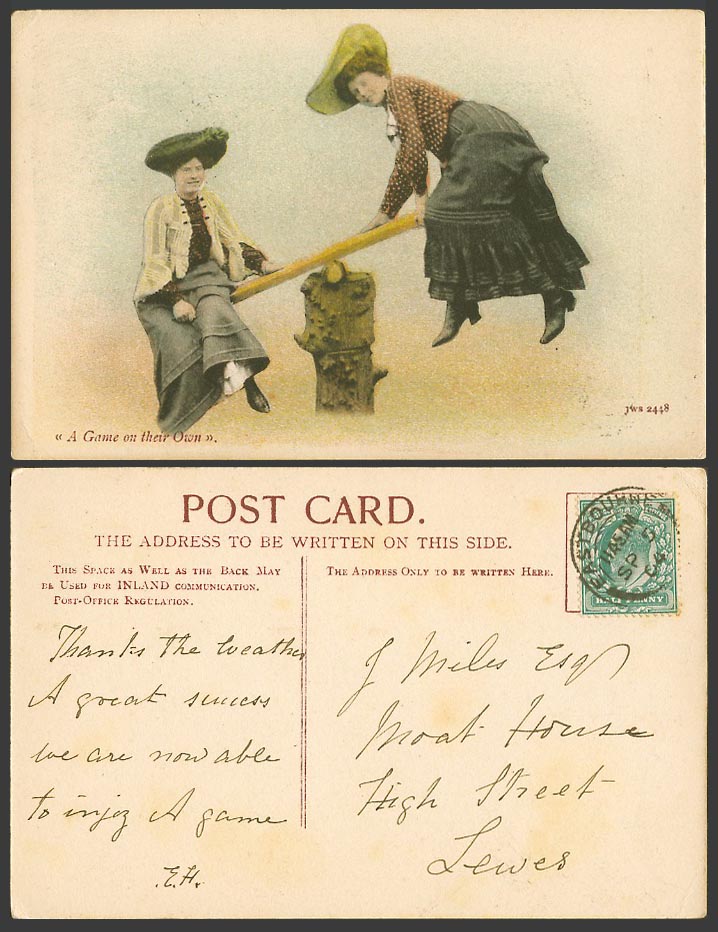 Seesaw 2 Glamour Women Ladies on See-Saw - A Game on Their Own 1904 Old Postcard