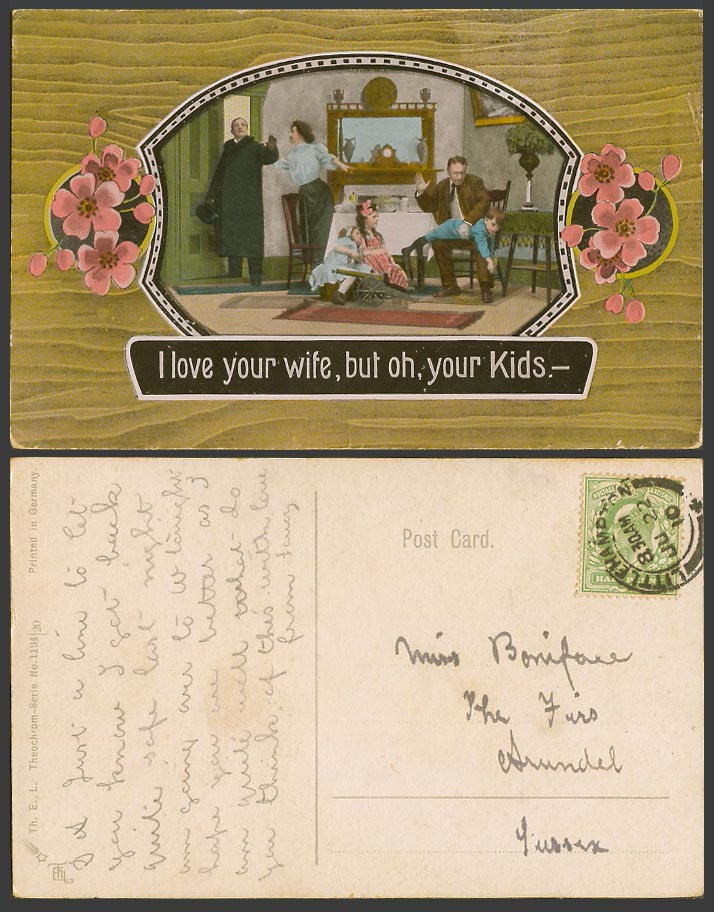 Humour 1910 Old Postcard I Love your wife, but oh your kids Little Girls Flowers